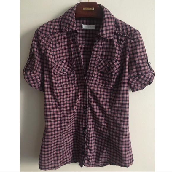 Plaid Fitted V Neck Short Sleeve Button Down Shirt Country Cowboy Cowgirl FiT - Picture 5 of 5